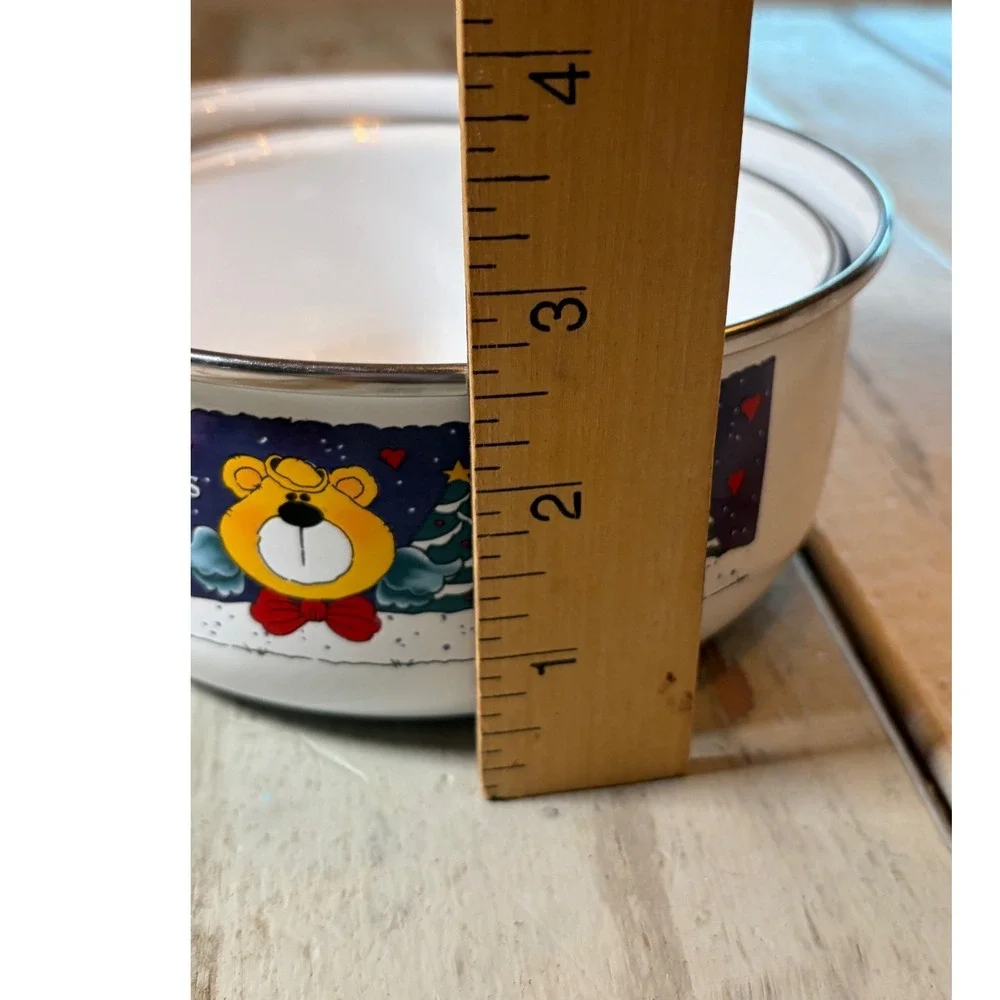 Vintage Christmas Enamelware Nesting Bowls Sets of 3 Santa Bear Holiday Kitchen